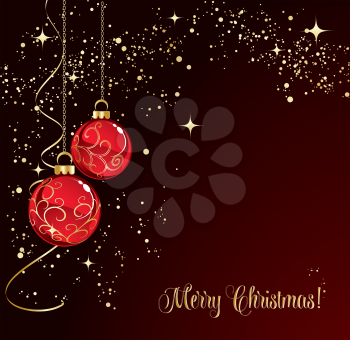 Merry Christmas card with red bauble . Vector illustration.
