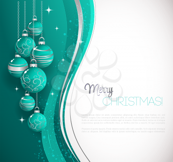 Merry Christmas card with blue bauble . Vector illustration.