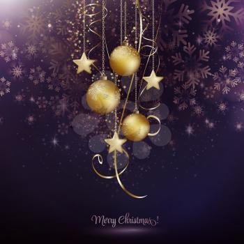 Vector illustration. Abstract Christmas snowflakes background with gold balls and stars. 