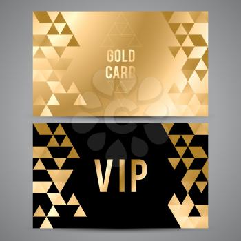 Vector VIP premium invitation cards. Black and golden design. Triangle decorative patterns.