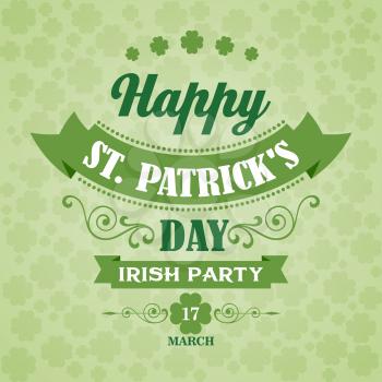 Happy Saint Patrick's Day Lettering Card. Typographic With Ornaments,  Ribbon and Clover