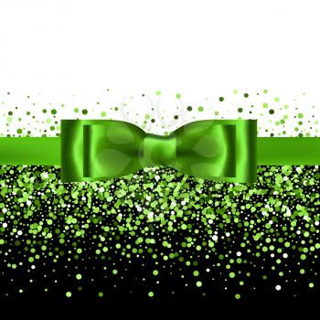 Green glitter background with silk bow and ribbon
