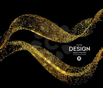 Vector Abstract shiny color gold wave design element with glitter effect on dark background.