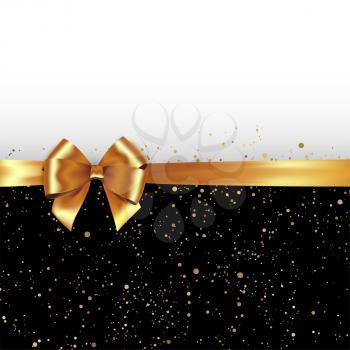 Vector Golden glitter background with gold silk bow and ribbon