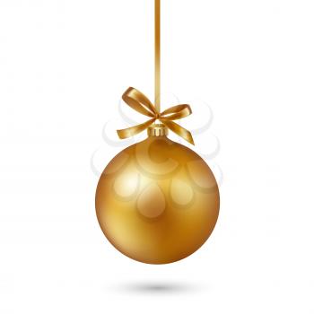Gold Christmas bauble with ribbon and bow on white background. Vector illustration.