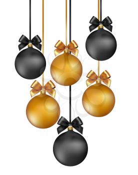 Vector elegant Christmas background with gold and black evening baubles. No transparent element