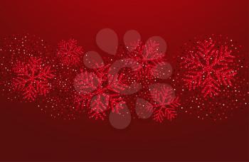 Vector Christmas card with red snowflakes and golden glitter