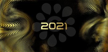 Happy New Year. Holiday vector illustration of golden 2021 and glittering halftone pattern. For design Festive poster or banner design