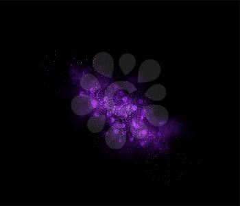 Holiday Abstract shiny purple gold glitters explosion design element and powder effect on dark background. For website, greeting, discount voucher, greeting and poster design