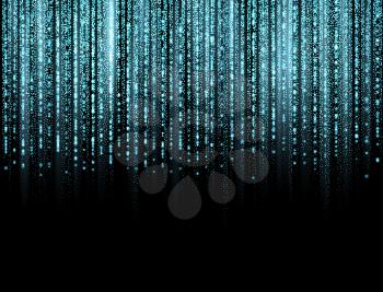 Curtain of blue golden particles on a black background. Abstract golden rain. Turquoise gold. Holiday banner for award show, presentation, website design. Seamless border for design