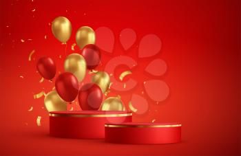 Red podium photo studio room scene. Birthday, party, christmas theme. Award winner, product display. Vector illustration 3d showcase with red and gold balloons and golden confetti.