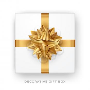 Decorative white gift box with golden bow and ribbon isolated on white background. Top view. Vector illustration