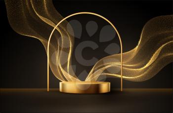 Minimal black scene with golden lines and glitter dust. Cylindrical gold podium and arch on a black background. 3D stage for displaying a cosmetic product. Luxury background