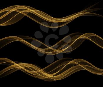 Set Abstract Gold smoke Waves. Shiny golden moving lines design element on dark background for gift, greeting card and disqount voucher. Vector Illustration