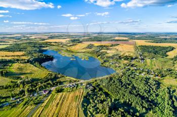 Aerial landscape of the Central Russian Upland. Glazovo village, Kursk region