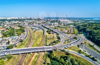 Aerial view of a road and railway interchange Vydubychi in Kiev, Ukraine