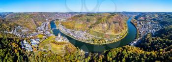 Aerial panorama of Cochem with the Reichsburg Castle and the Moselle river. Rhineland-Palatinate, Germany