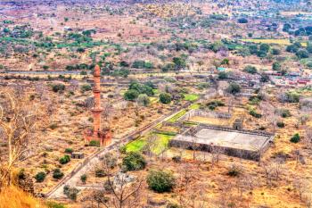 Aerial view of Chand Minar Minaret and Bharat Mata Temple at Daulatabad Fort in Maharashtra state of India