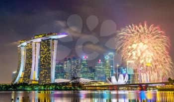 View of New Year fireworks above Marina Bay in Singapore