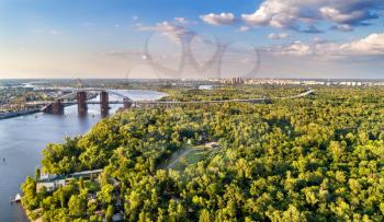 Aerial panorama of Trukhaniv Island on the Dnieper river in Kiev, Ukraine