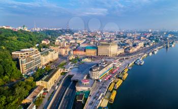 Aerial view of River Port, Podil and Postal Square in Kiev, the capital of Ukraine