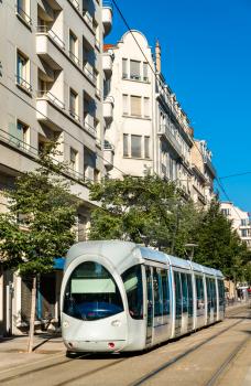 City tram at Avenue Berthelot in Lyon. Lyon's tram networks consists of 6 lines with 96 stations.