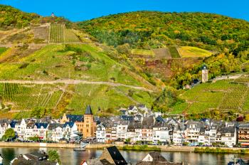 View of Zell town on the river Moselle in the Rhineland-Palatinate State of Germany