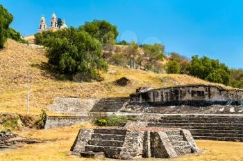 Ruins of the Great Pyramid and the Nuestra Senora de los Remedios Church in Cholula, Mexico
