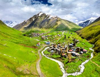 Aerial view of Chazhashi and Ushguli villages with typical tower houses. UNESCO world heritage in Upper Svaneti, Georgia