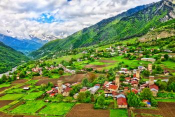 Aerial view of Mestia with typical tower houses. Upper Svaneti, Georgia