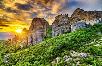 Sunset at the Meteora rock formation. UNESCO world heritage in Greece