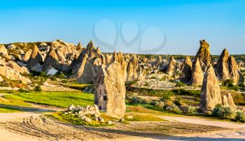 Rock formations of Rose Valley at Goreme National Park. UNESCO world heritage in Cappadocia, Turkey