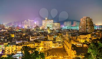 Night skyline of Macau with Ruins of St. Paul Church in China