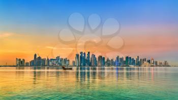 Skyline of Doha at sunset. Qatar, the Middle East