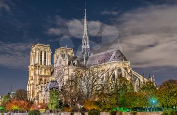 View of Notre-Dame de Paris from the banks of the Seine at night. France
