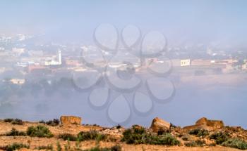 Panorama of Tataouine in the morning fog. Southern Tunisia, Africa
