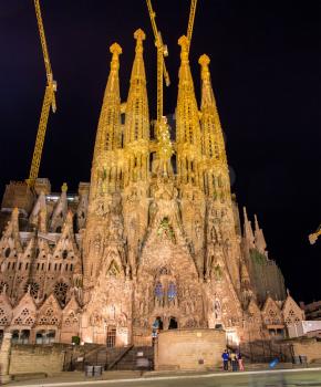 Night view of Sagrada Familia church in Barcelona