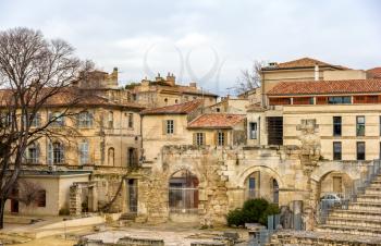 View of the old town of Arles from the Roman theatre - France
