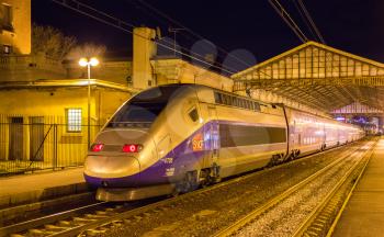BEZIERS, FRANCE - JANUARY 05: SNCF TGV Duplex train on Beziers station on January 5, 2014. TGV trains carried more than 2 billion passengers since startup