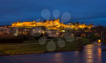 Carcassonne fortress illuminated at evening - France, Languedoc-Roussillon