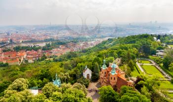 View of Saint Lawrence Cathedral on Petrin Hill in Prague, Czech Republic