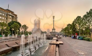 Fountain and Independence Monument in Dushanbe, the Capital of Tajikistan. Central Asia