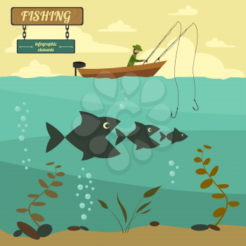 Fishing on the boat. Fishing design elements. Vector illustration