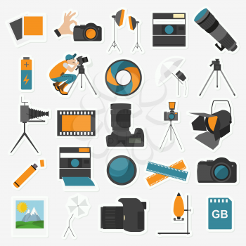 Photography icon set with photo, camera equipment. Colour flat version. Vector illustration
