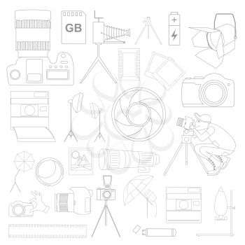 Photography icon set with photo, camera equipment. Outline version. Vector illustration
