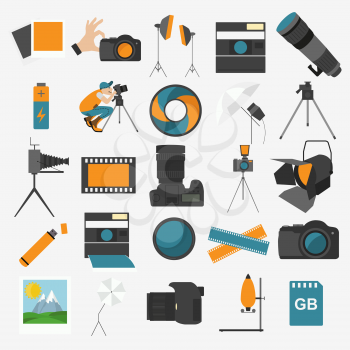 Photography icon set with photo, camera equipment. Colour flat version. Vector illustration