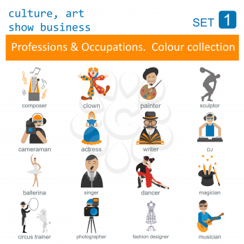 Professions and occupations outline icon set. Culture, art, show business. Coloured version. Vector illustration