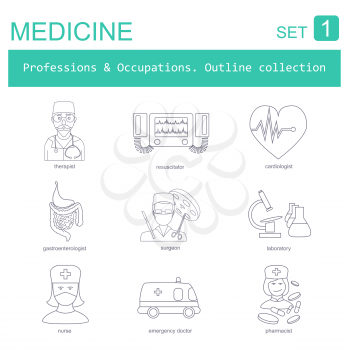 Professions and occupations outline icon set. Medical. Flat linear design. Vector illustration