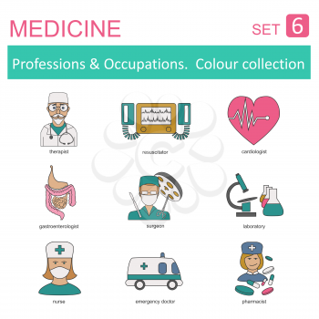 Professions and occupations coloured icon set. Medical. Flat linear design. Vector illustration