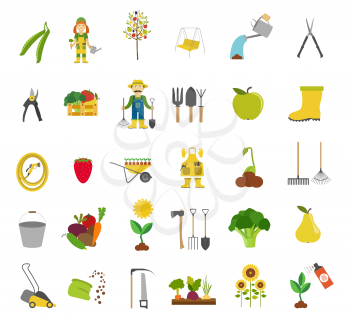 Gardening work, farming icon set. Flat style design. Vector illustration